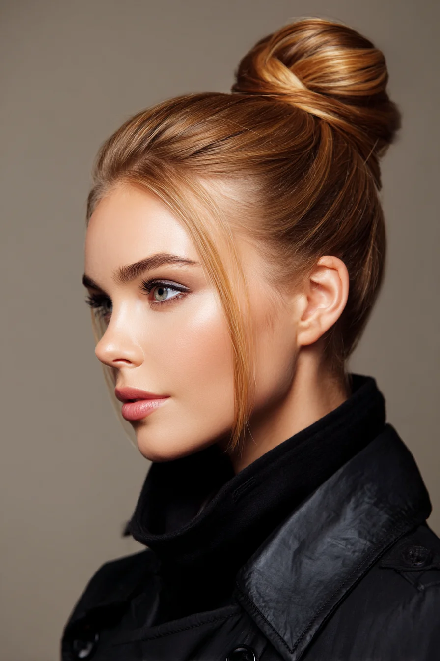 Sleek High Twisted Bun with Soft Face‑Framing Strands