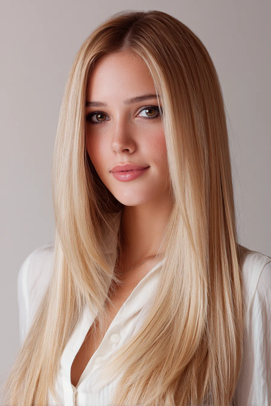 Sleek Long Layers with Face‑Framing Curtain Part (Straight Finish)