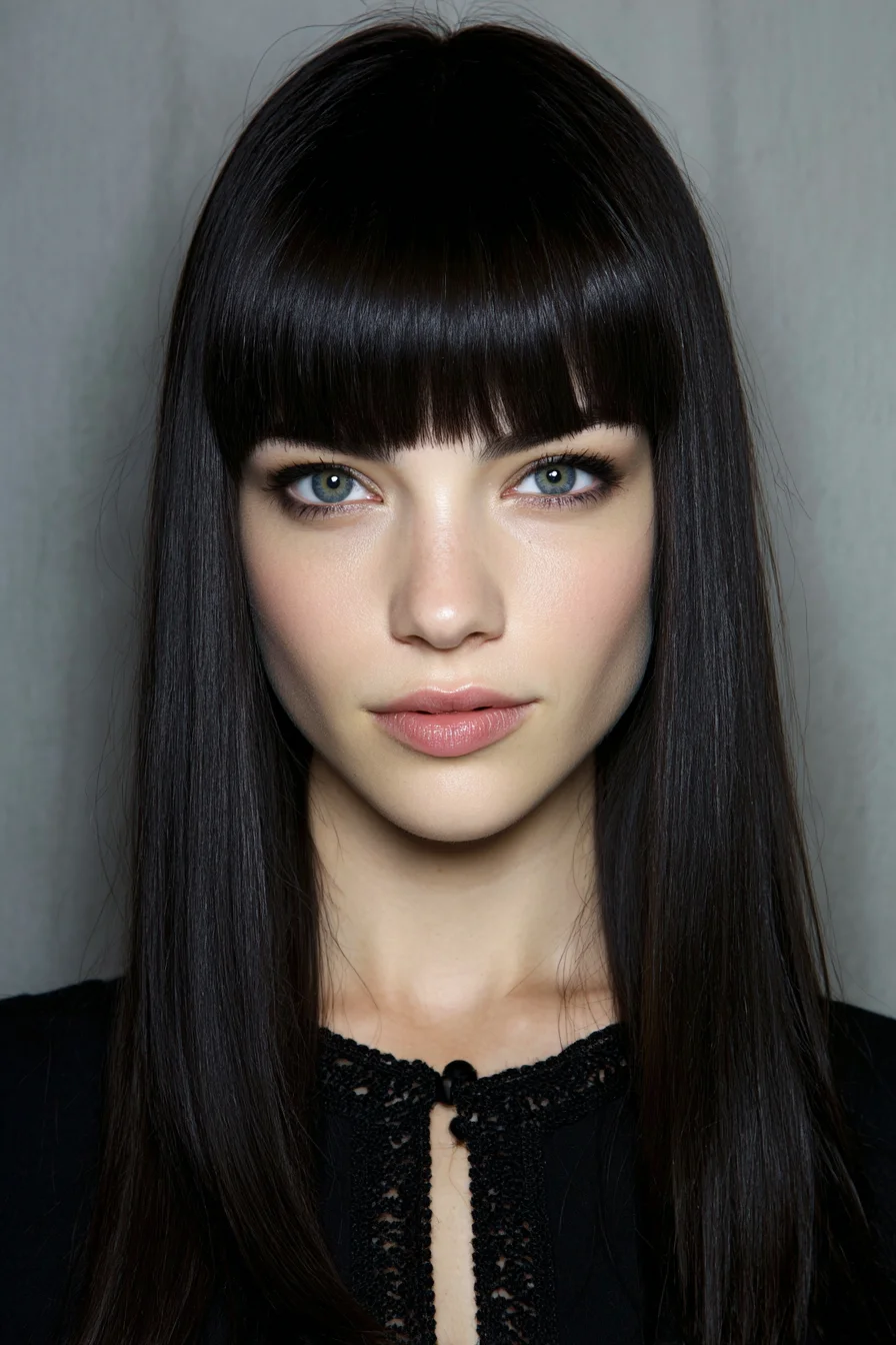 Sleek Long One-Length Hair with Blunt Brow-Length Bangs
