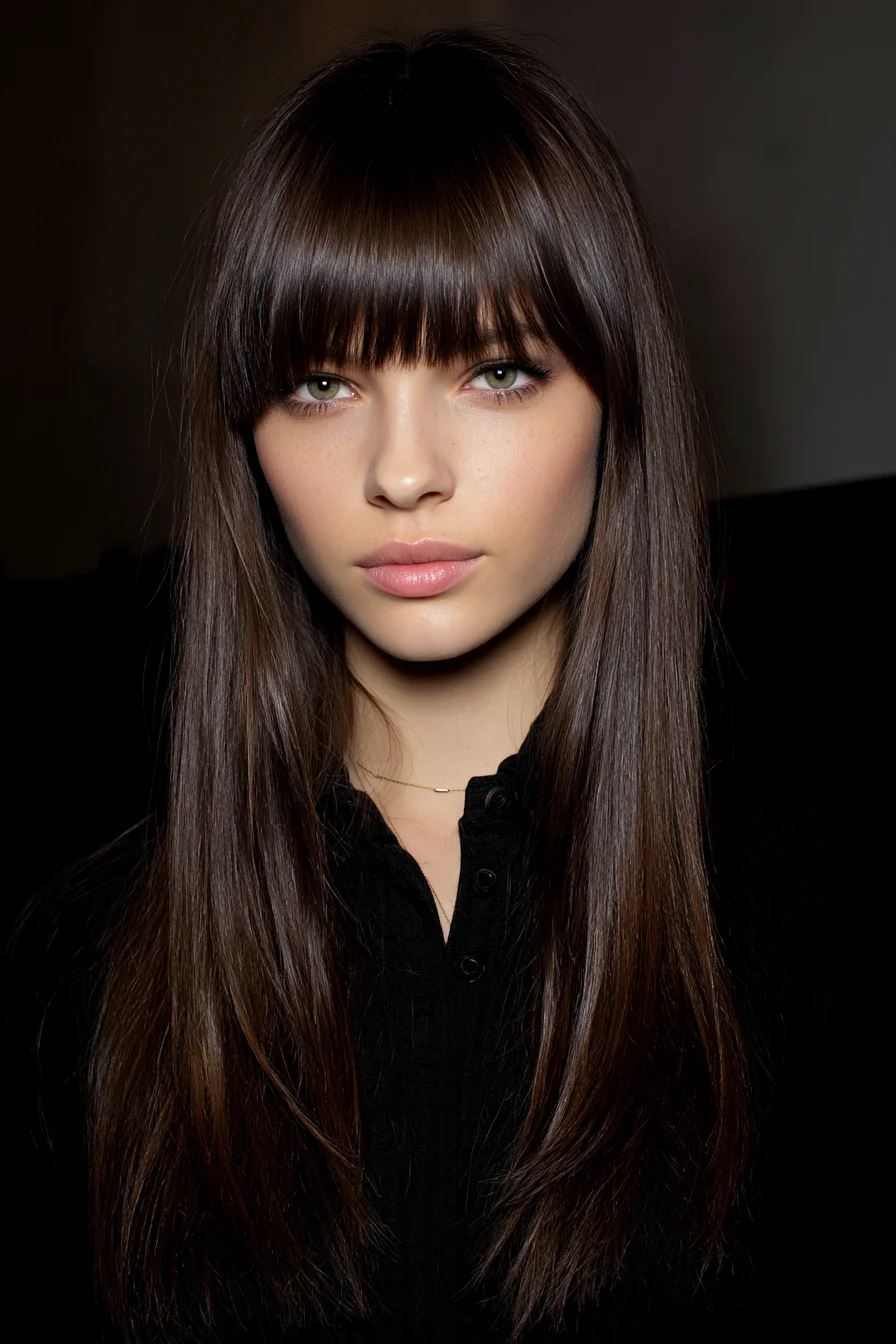 Sleek Long Straight Cut with Blunt Fringe (Full Bangs)