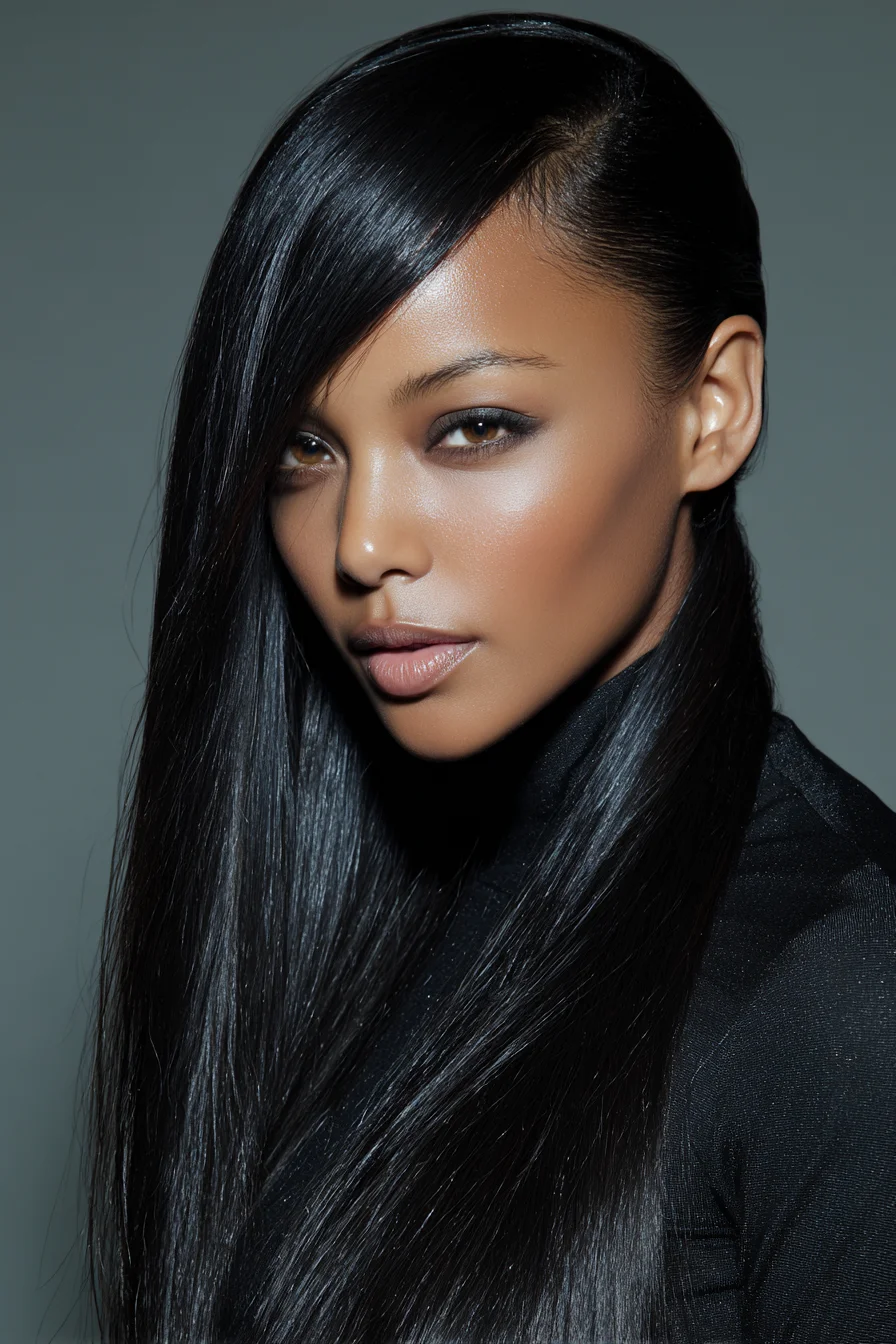Sleek Long Straight Hair with Deep Side Part and Side-Swept Fringe