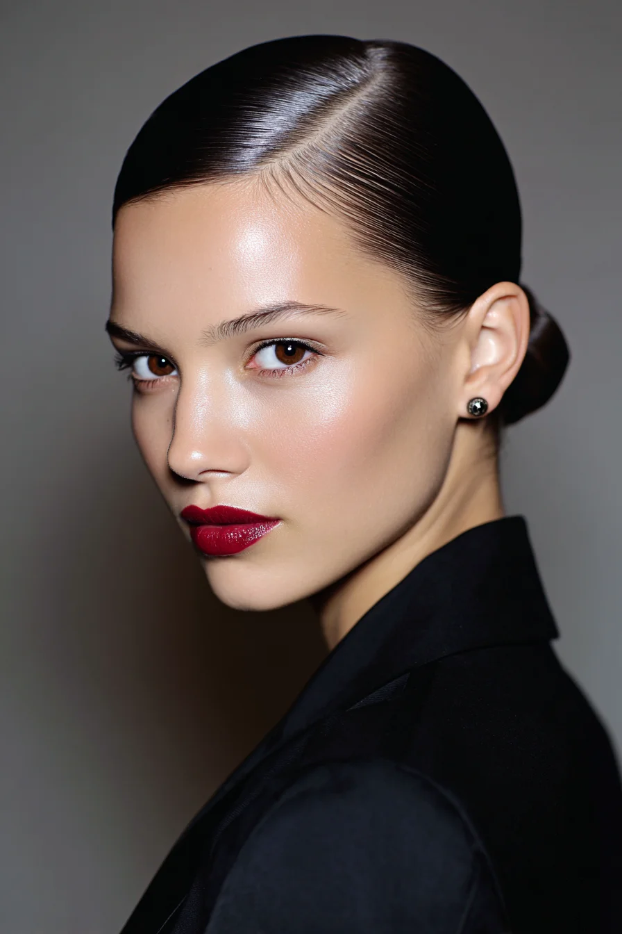 Sleek Low Bun with Deep Side Part and High-Gloss Finish