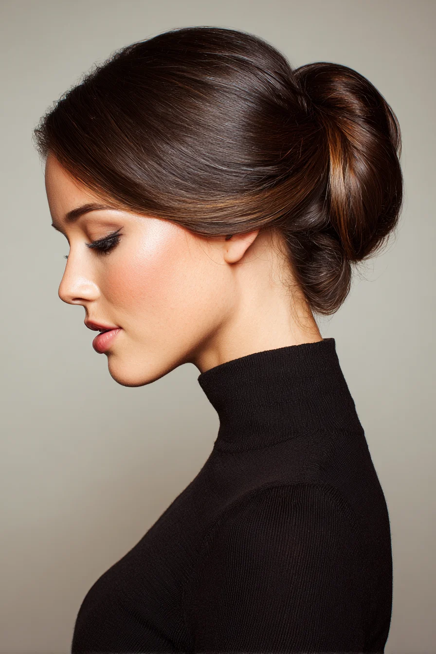 Sleek Low Chignon Bun with Deep Side Part