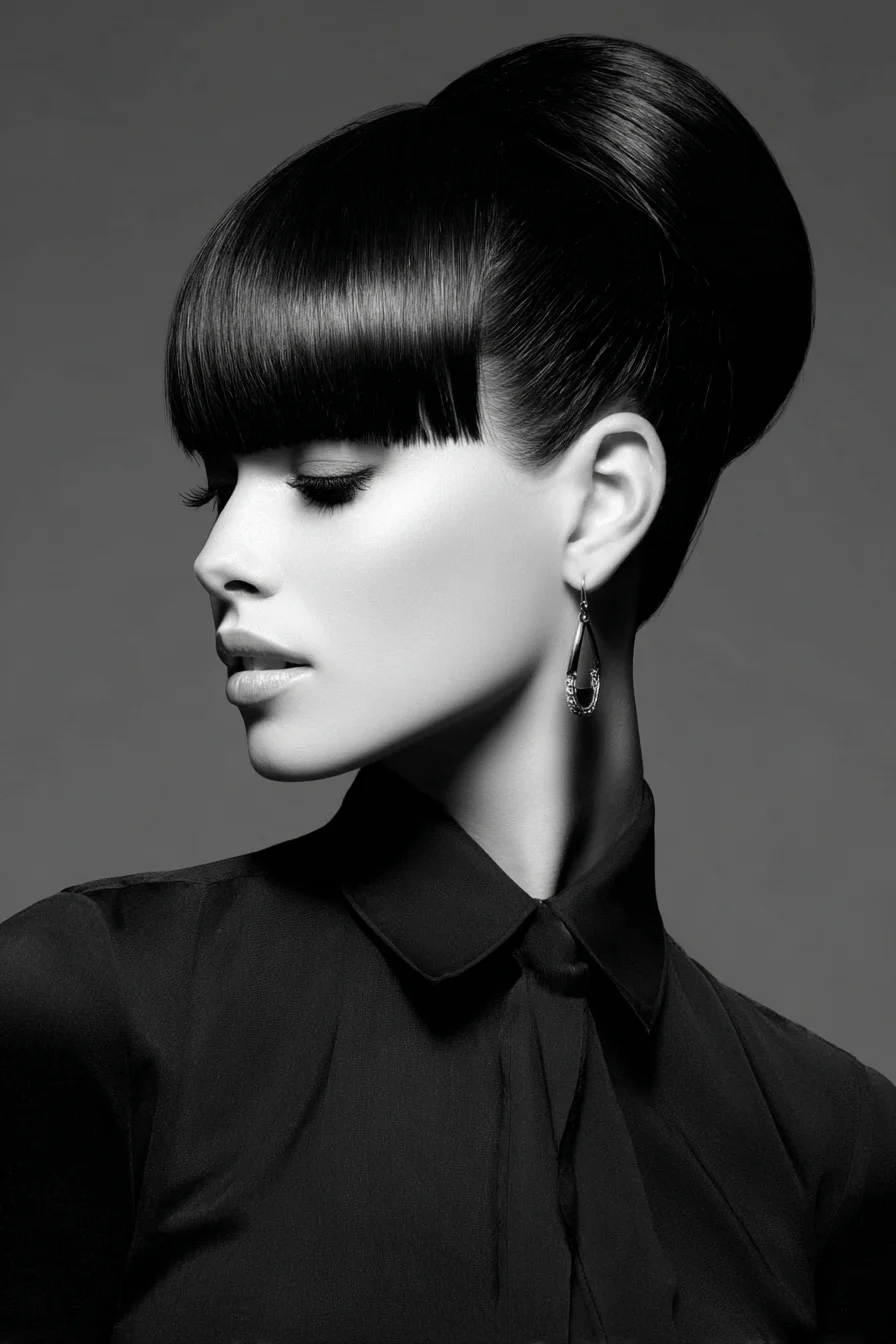 Sleek Retro Beehive Updo with Blunt Straight Fringe