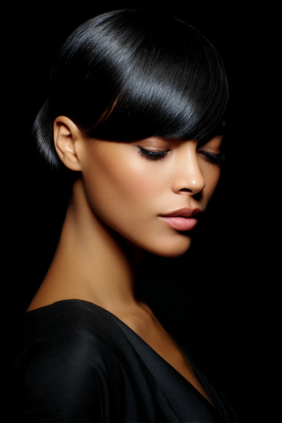Sleek Side-Swept Blunt Fringe with Low Polished Bun