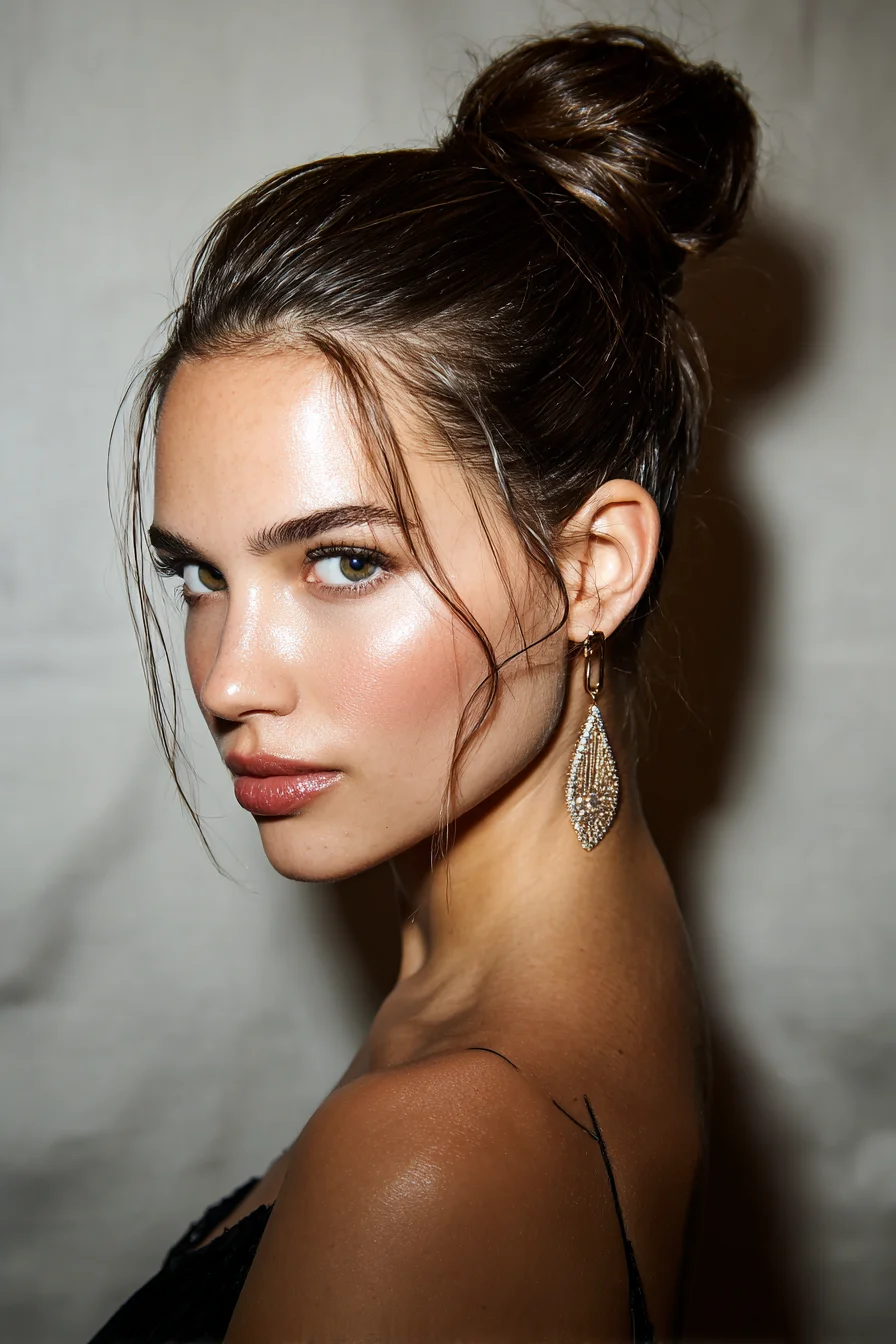 Sleek Top Knot Bun with Soft Face‑Framing Tendrils