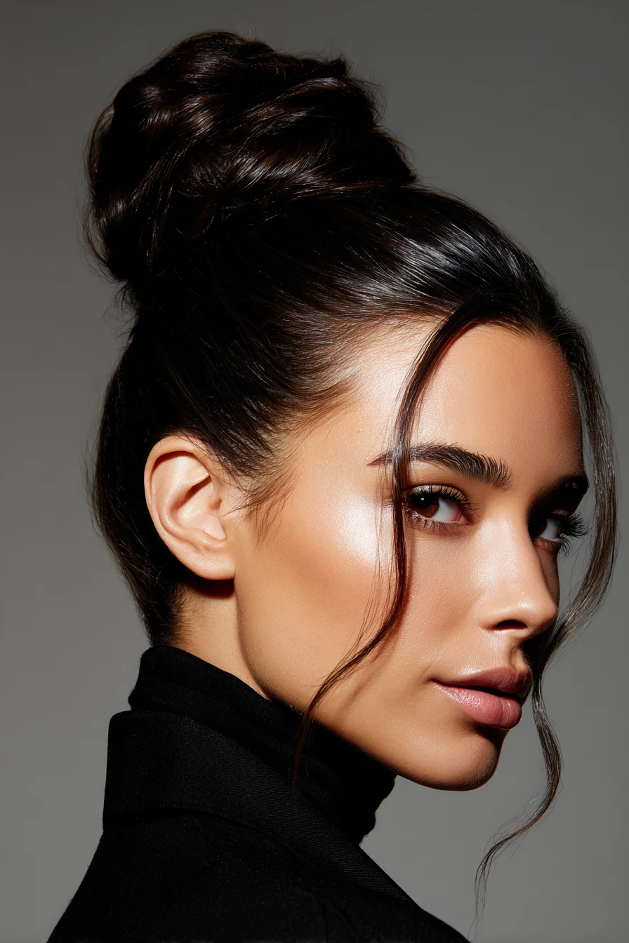 Sleek Twisted High Bun with Face‑Framing Tendrils