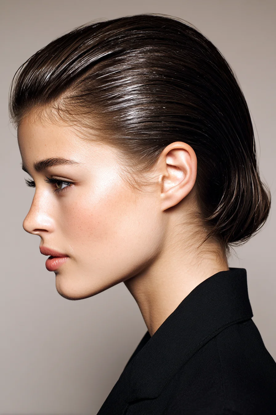 Sleek Wet-Look Low Bun — Polished Slicked-Back Hairstyle