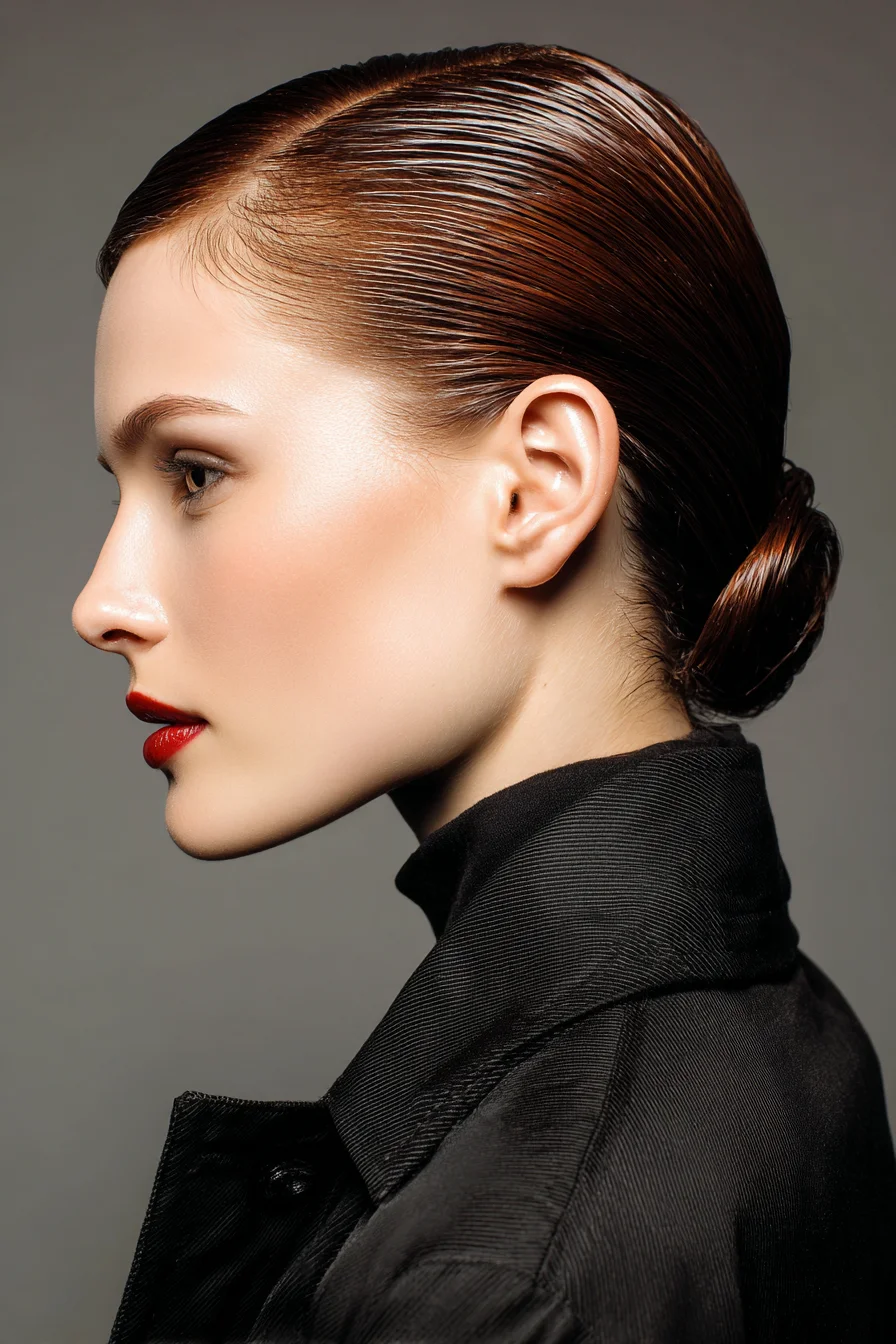 Sleek Wet‑Look Low Bun — Slicked‑Back Chignon for Formal Occasions