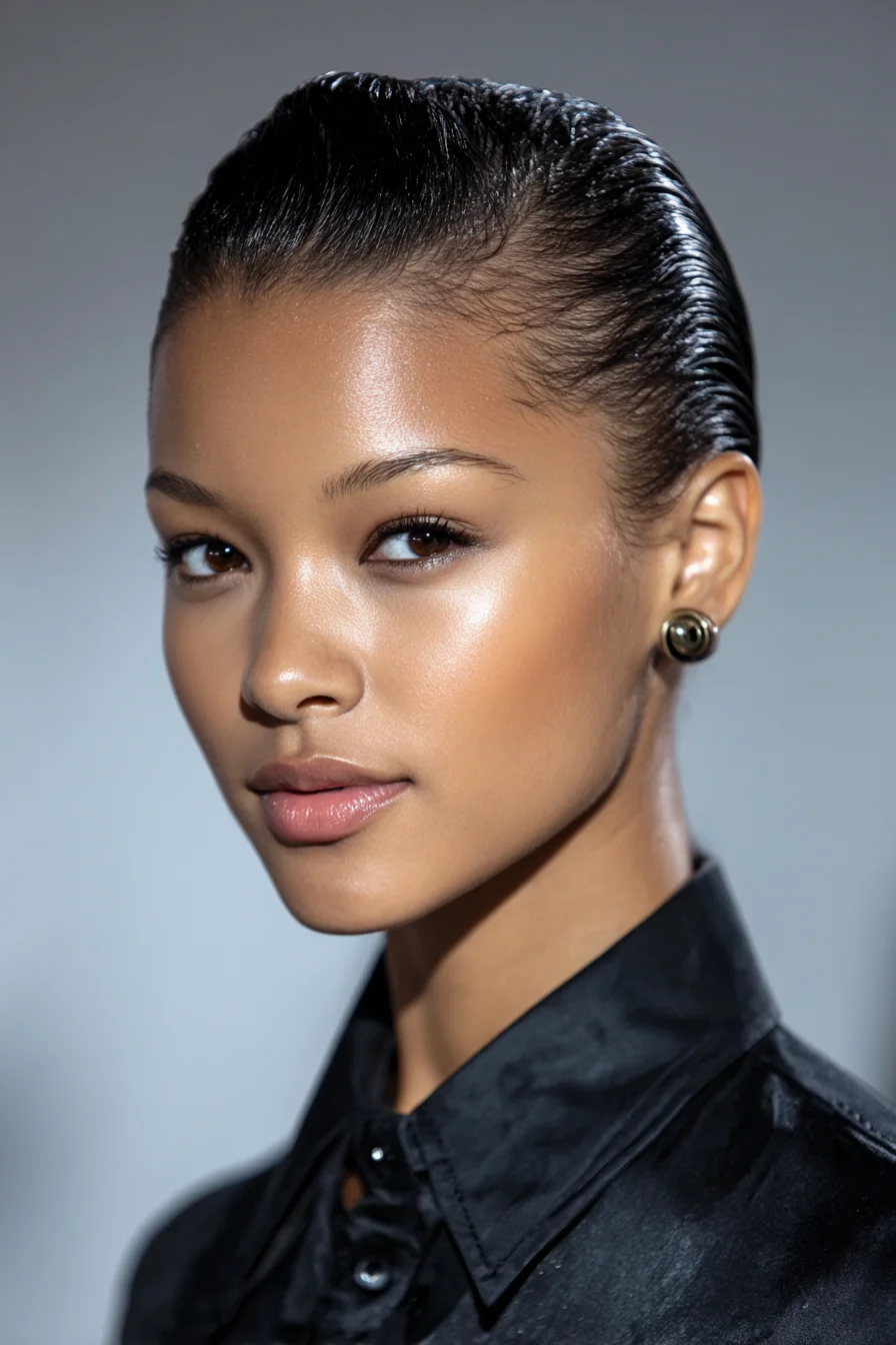 Sleek Wet‑Look Slicked‑Back Hair — Glossy Low Bun or Pulled‑Back Style
