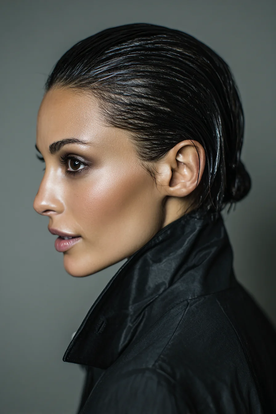 Sleek Wet‑Look Slicked‑Back Low Bun — Glossy, Smooth Finish