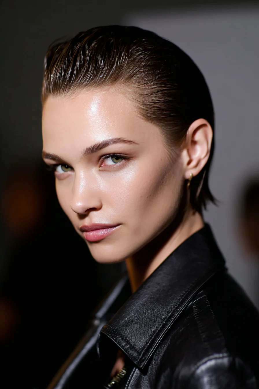 Sleek Wet-Look Slicked-Back Short Hair — Pomade Slicked Short Style