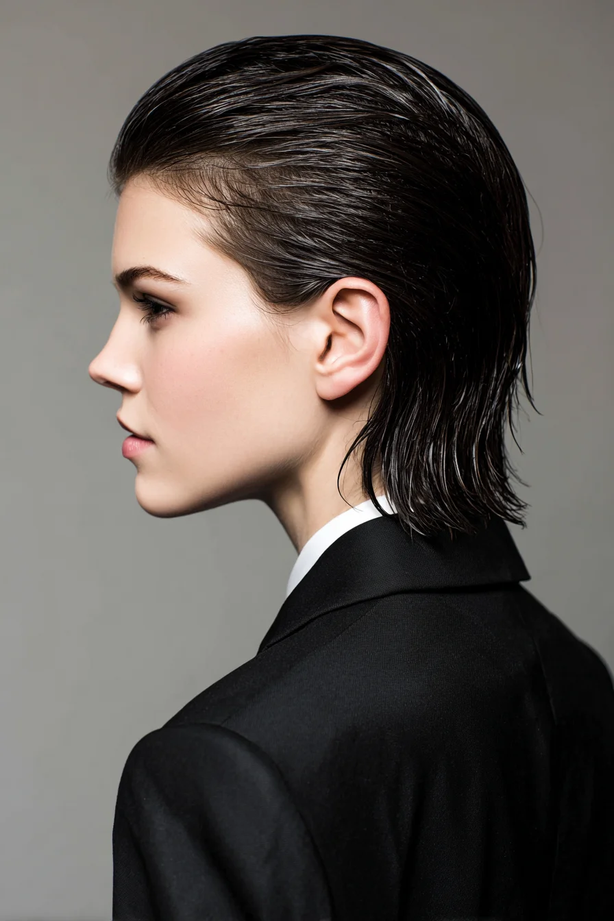 Slicked-Back Wet-Look Short Bob — Sleek, Glossy Finish