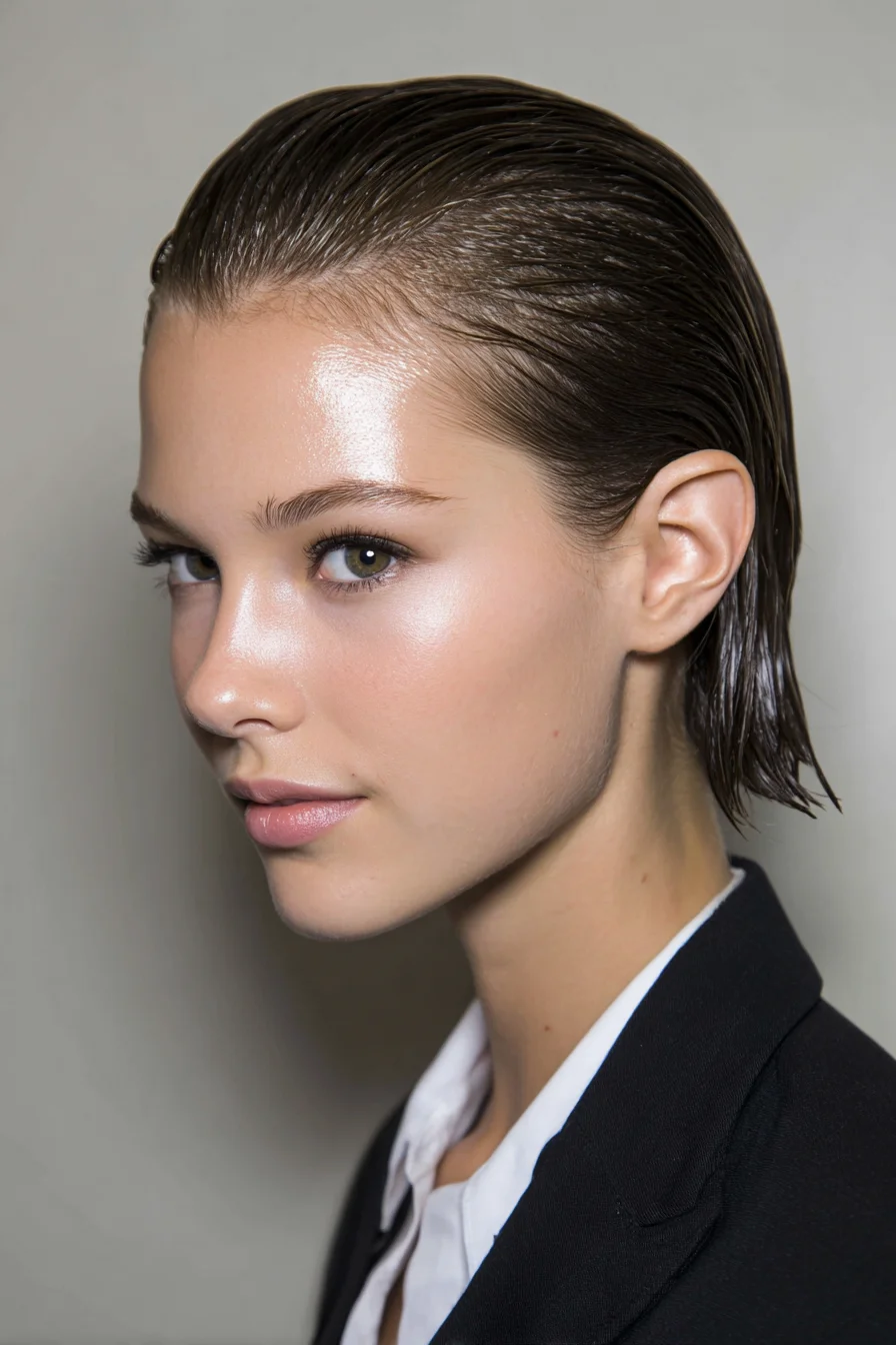 Slicked-Back Wet Look Short Bob — Sleek Tucked-Behind-Ear Style