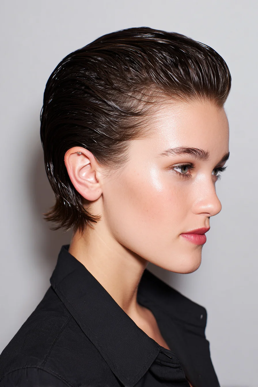 Slicked-Back Wet-Look Short Cut with Textured Nape