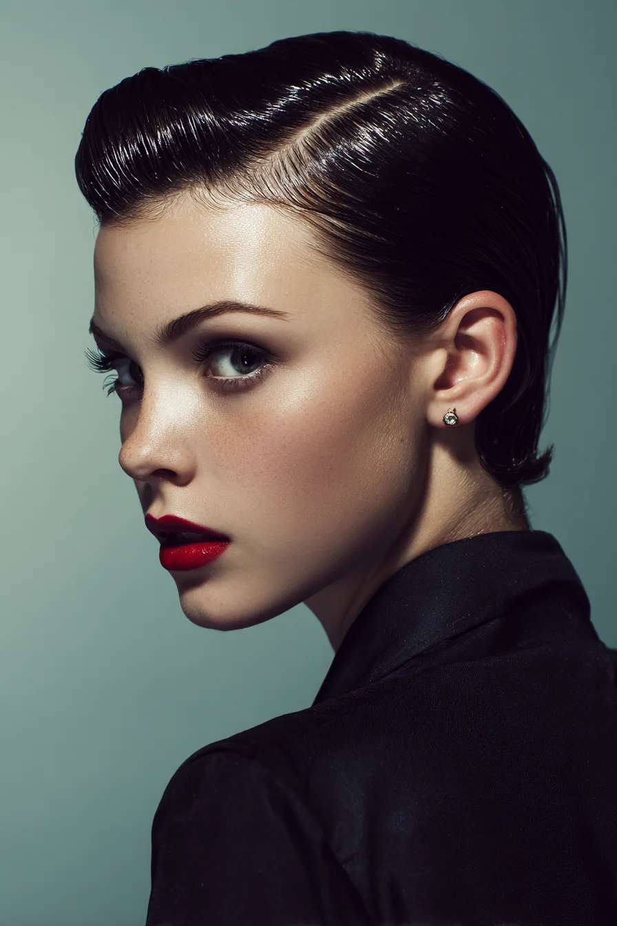 Slicked-Back Wet-Look Short Pompadour with Deep Side Part