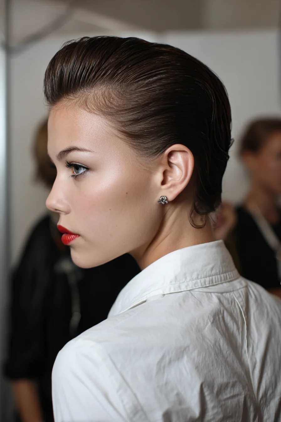 Slicked-Back Wet Pompadour — Short to Medium Hair, High-Shine Finish