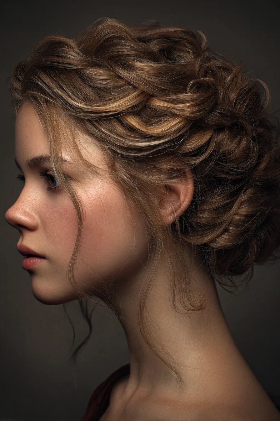 Soft Braided Crown Low Bun with Face‑Framing Tendrils