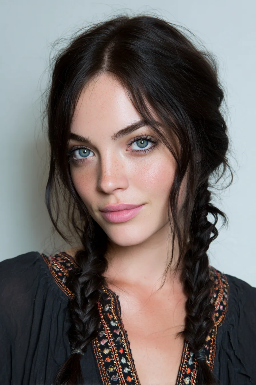 Soft Center-Parted Double Braids with Face-Framing Layers