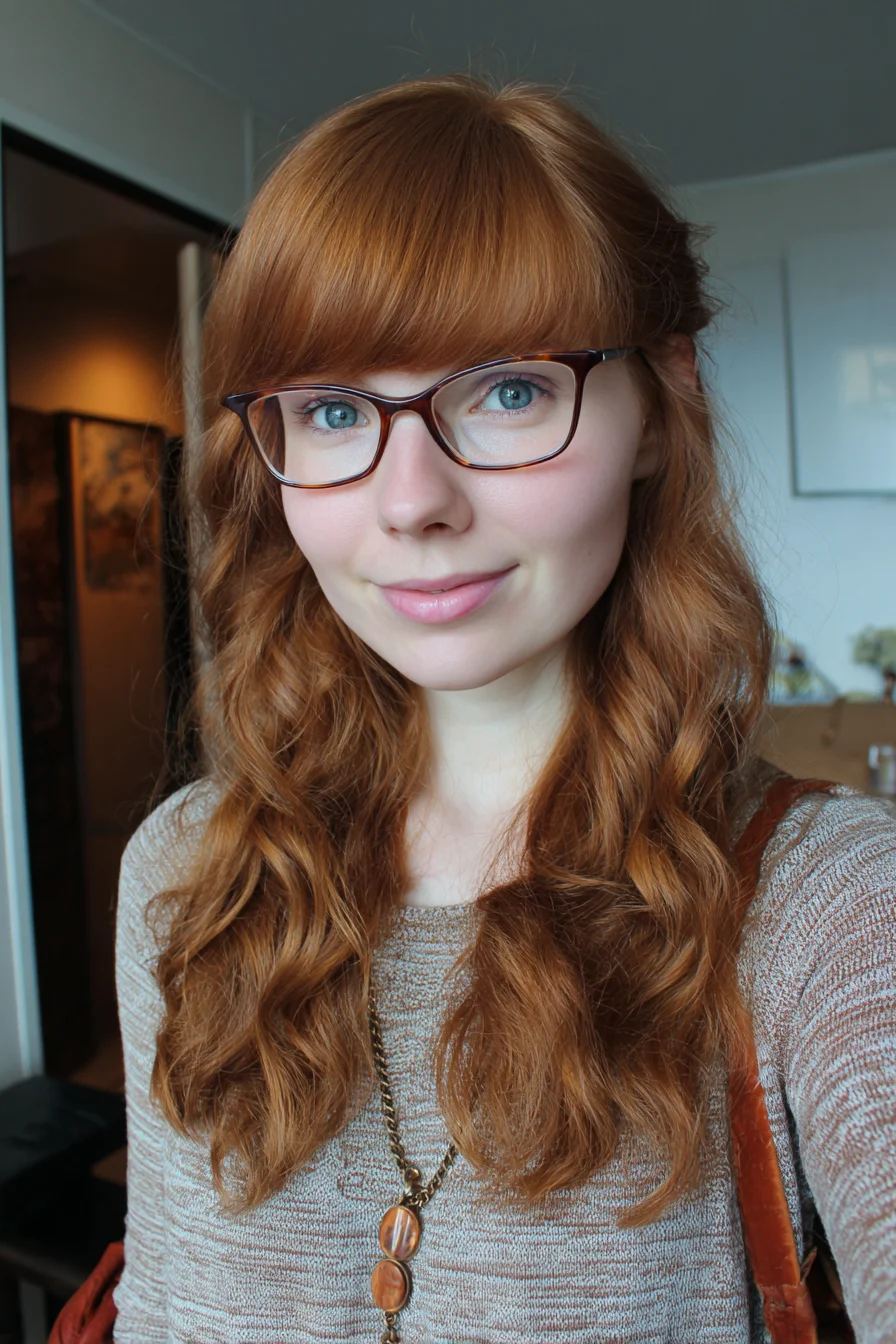 Soft Copper Waves with Blunt Fringe — Long Layered Wavy Hairstyle