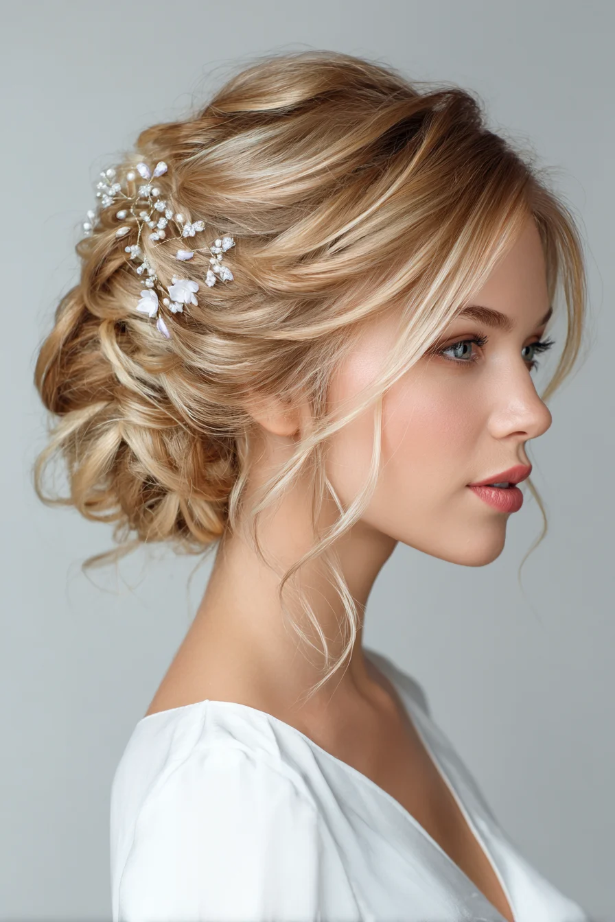 Soft Romantic Low Chignon Updo with Face‑Framing Tendrils