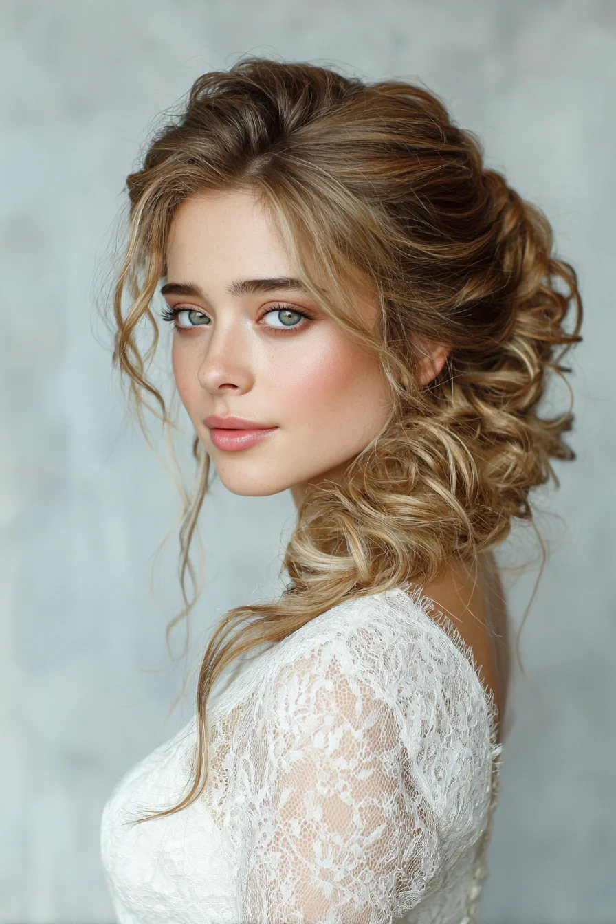Soft Romantic Low Side Bun with Loose Face‑Framing Tendrils — Curly Bridal Updo