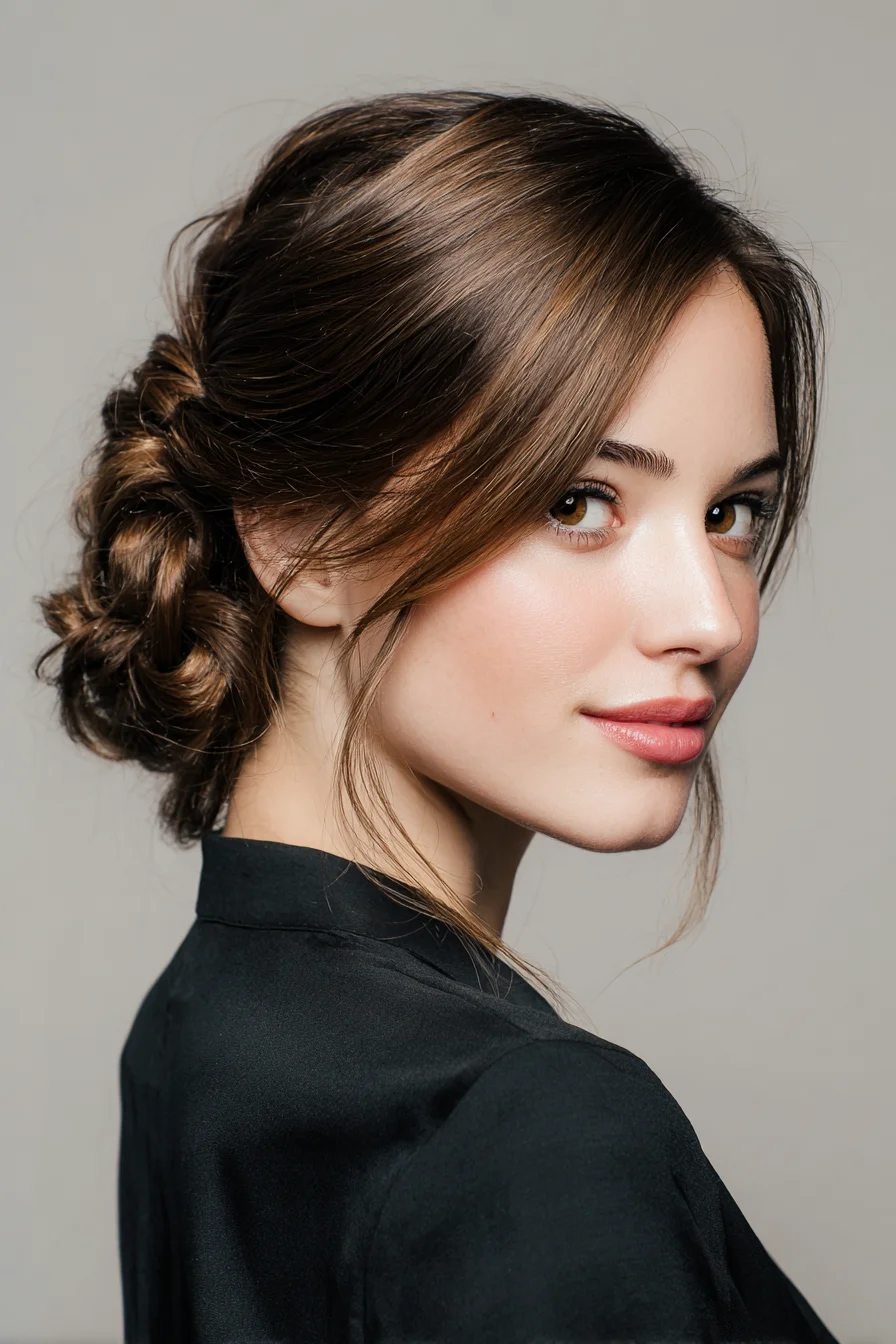 Soft Textured Low Braided Bun with Face‑Framing Layers