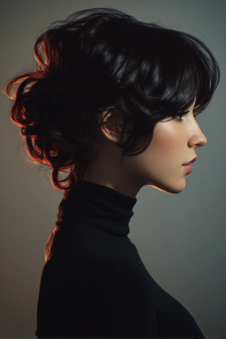 Soft Textured Low Updo with Face‑Framing Bangs