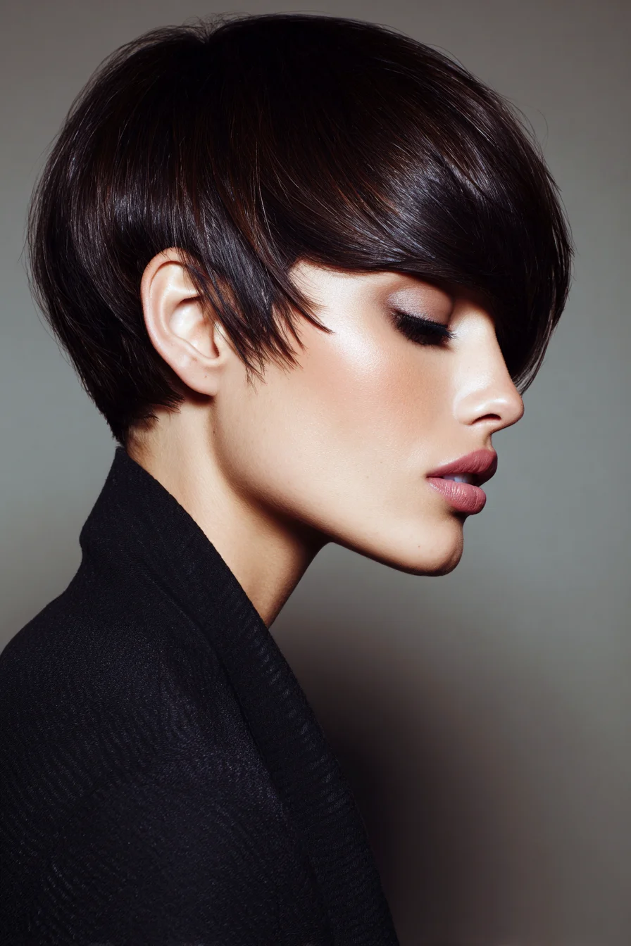 Stacked Pixie with Long Side‑Swept Fringe — Sleek Textured Crop