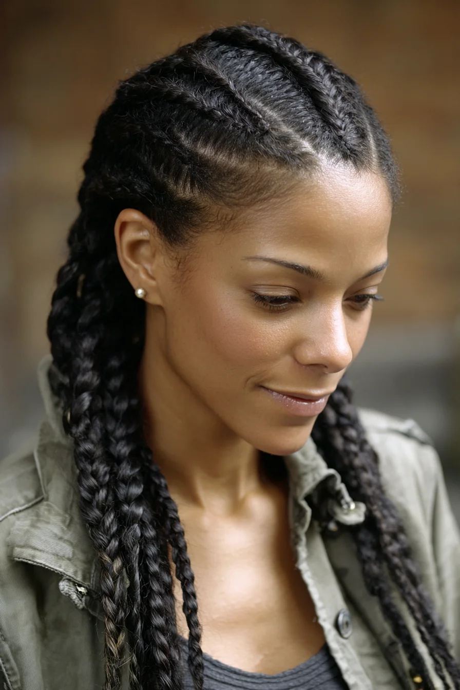 Straight-Back Cornrows Transitioning into Long Three-Strand Braids