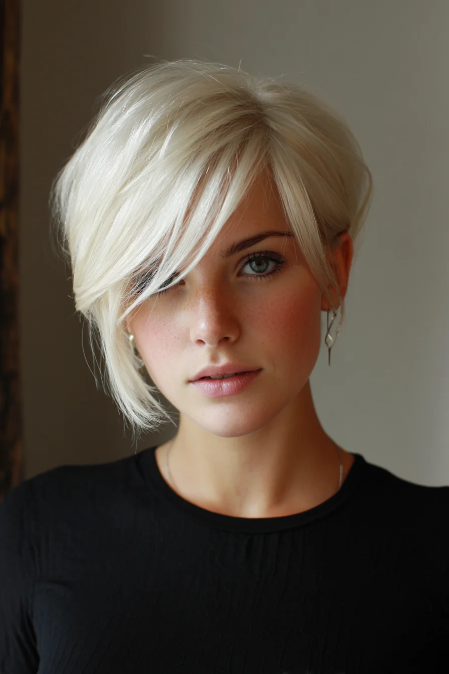 Textured Asymmetrical Pixie-Bob with Side-Swept Fringe — Short Layered Blonde