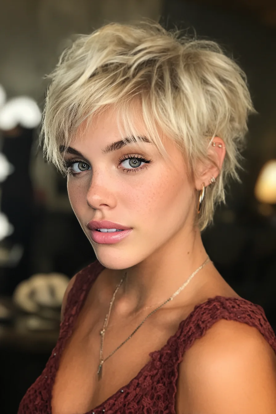 Textured Blonde Choppy Pixie Cut with Side‑Swept Fringe