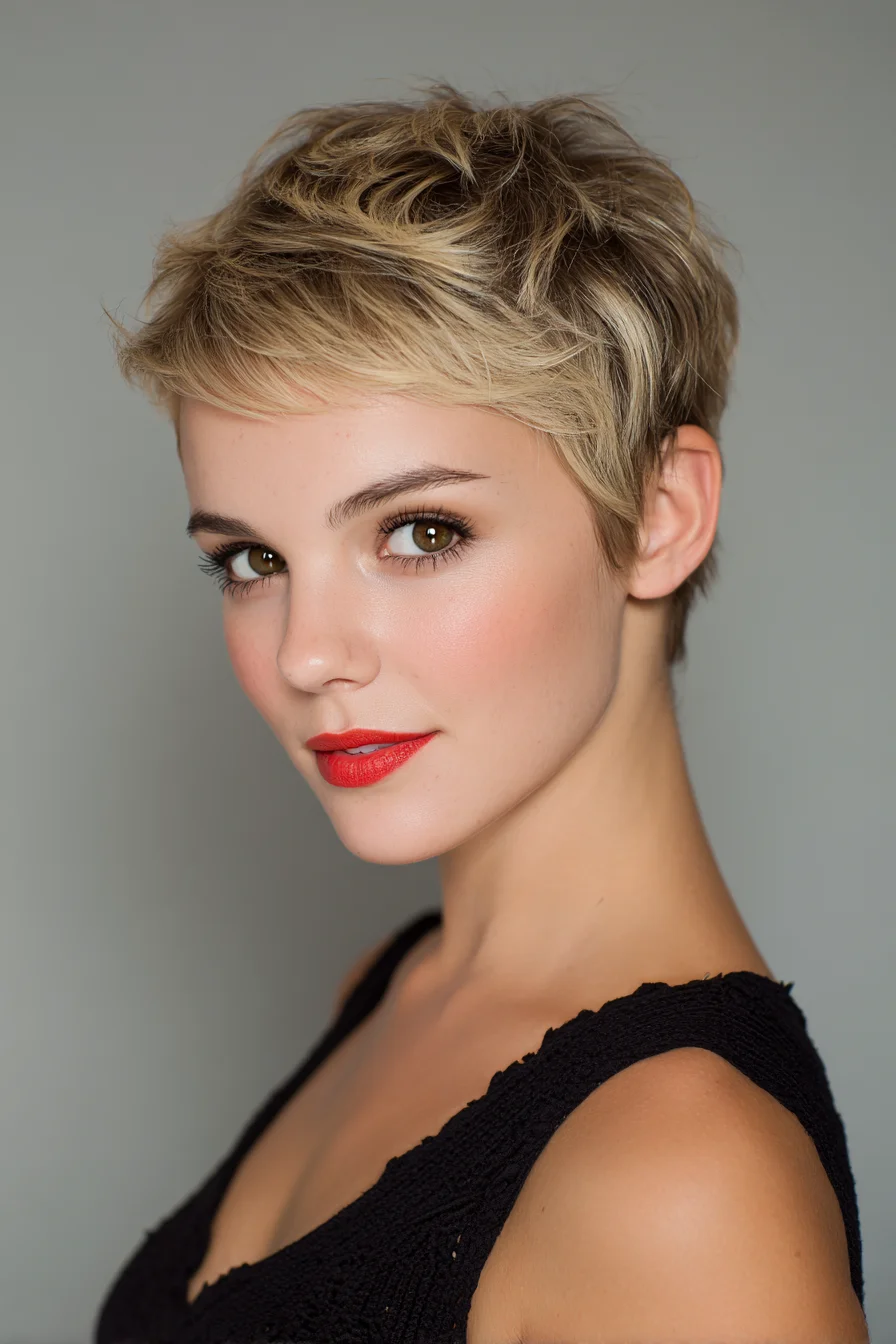 Textured Blonde Pixie Cut with Short Fringe and Tousled Layers