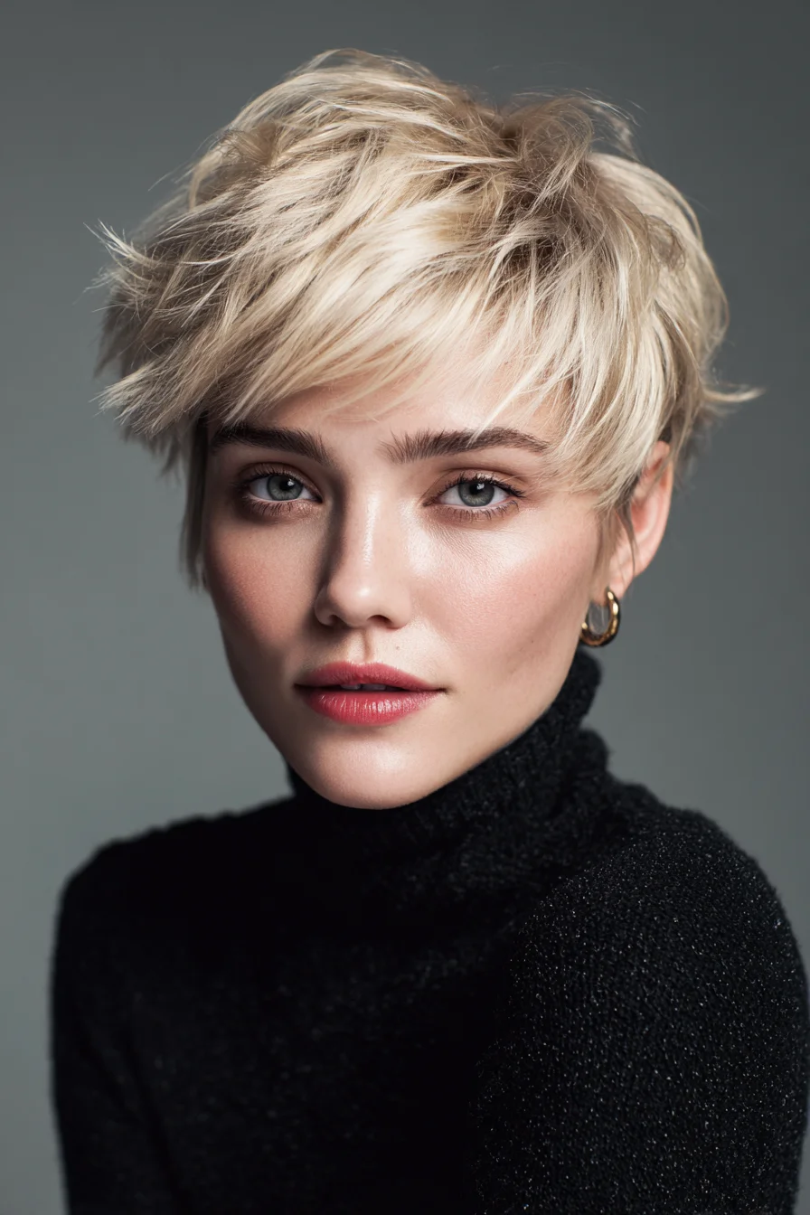 Textured Blonde Pixie with Choppy Side-Swept Fringe