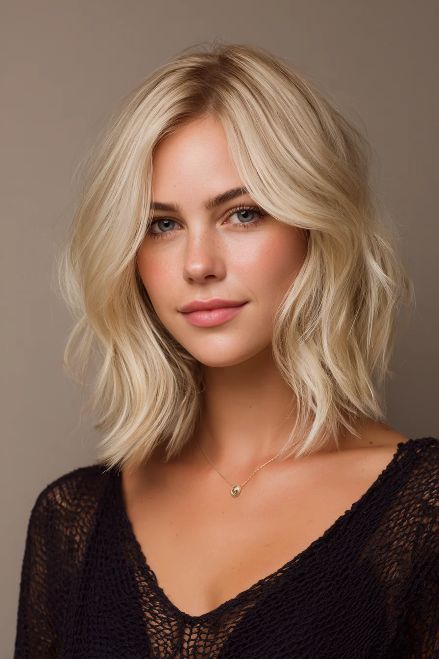 Textured Blonde Wavy Lob with Face‑Framing Layers