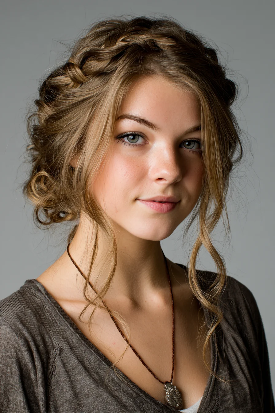 Textured Braided Crown into Low Messy Bun — Romantic Updo for Wavy to Thick Hair