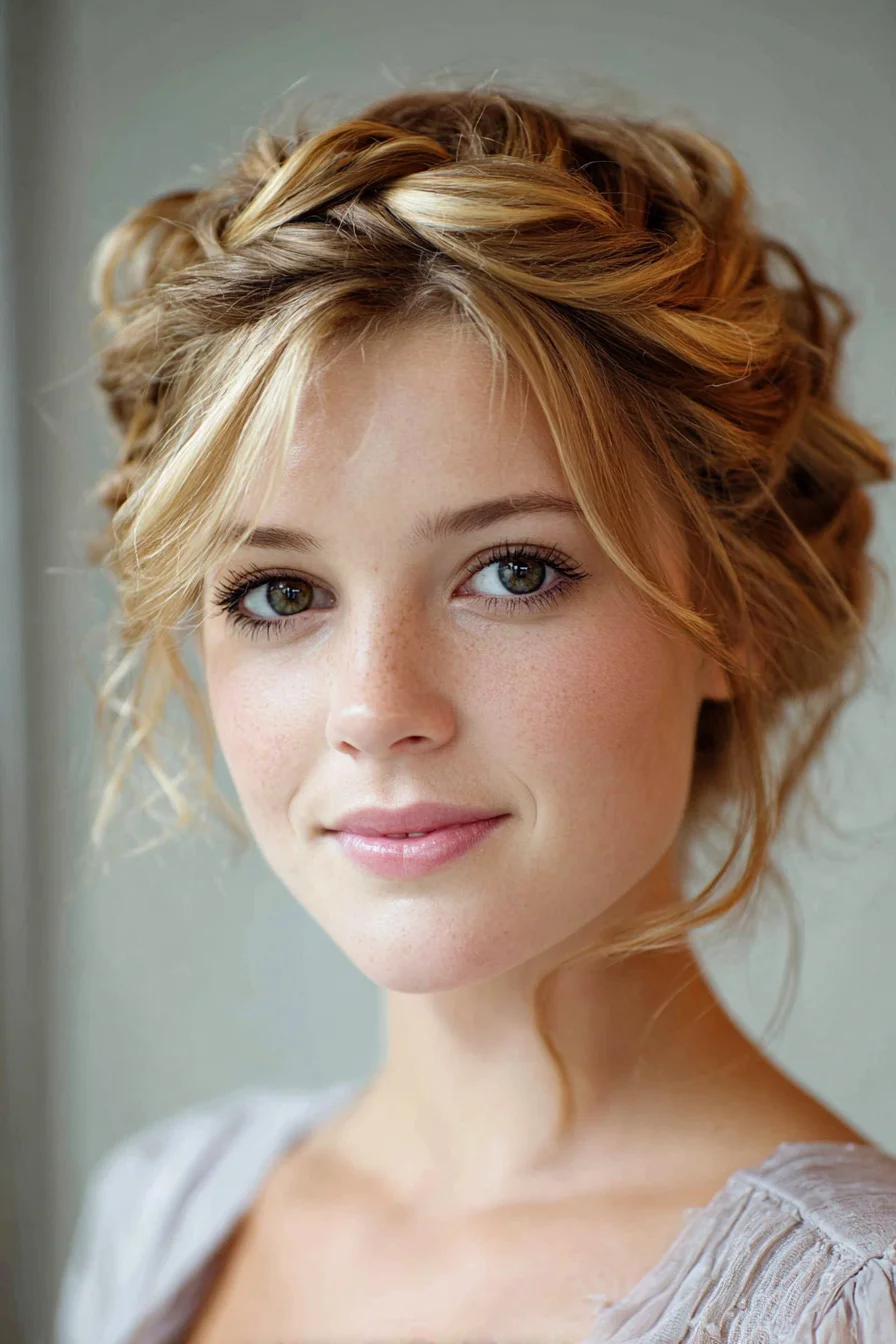 Textured Braided Crown Updo with Soft Face‑Framing Tendrils