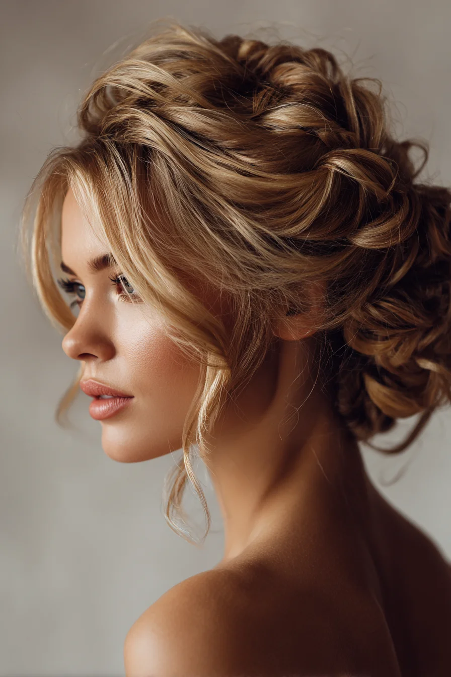 Textured Braided Low Updo with Face‑Framing Tendrils