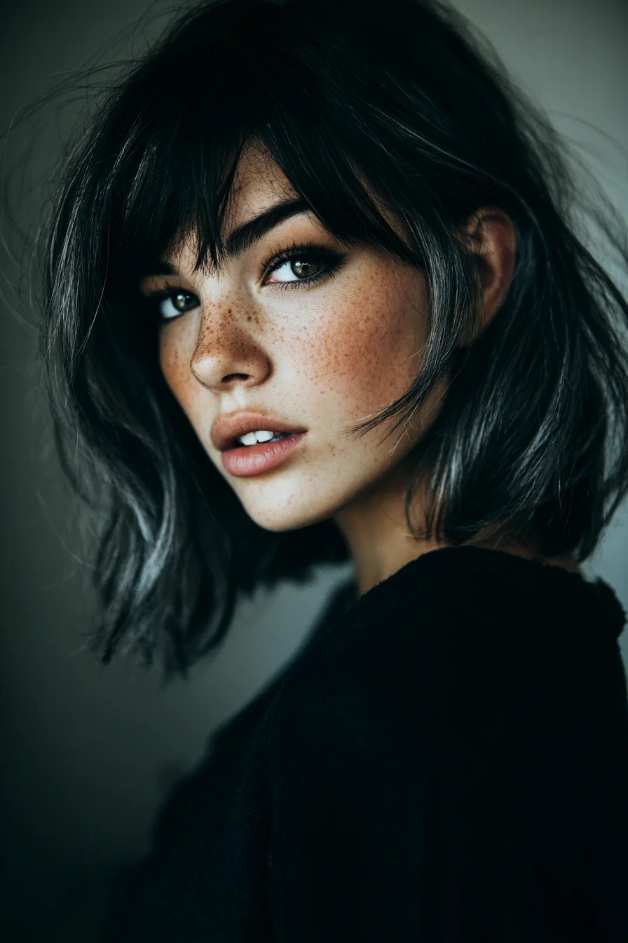 Textured Chin-Length Bob with Blunt Fringe — Ash Dark, Tousled Finish