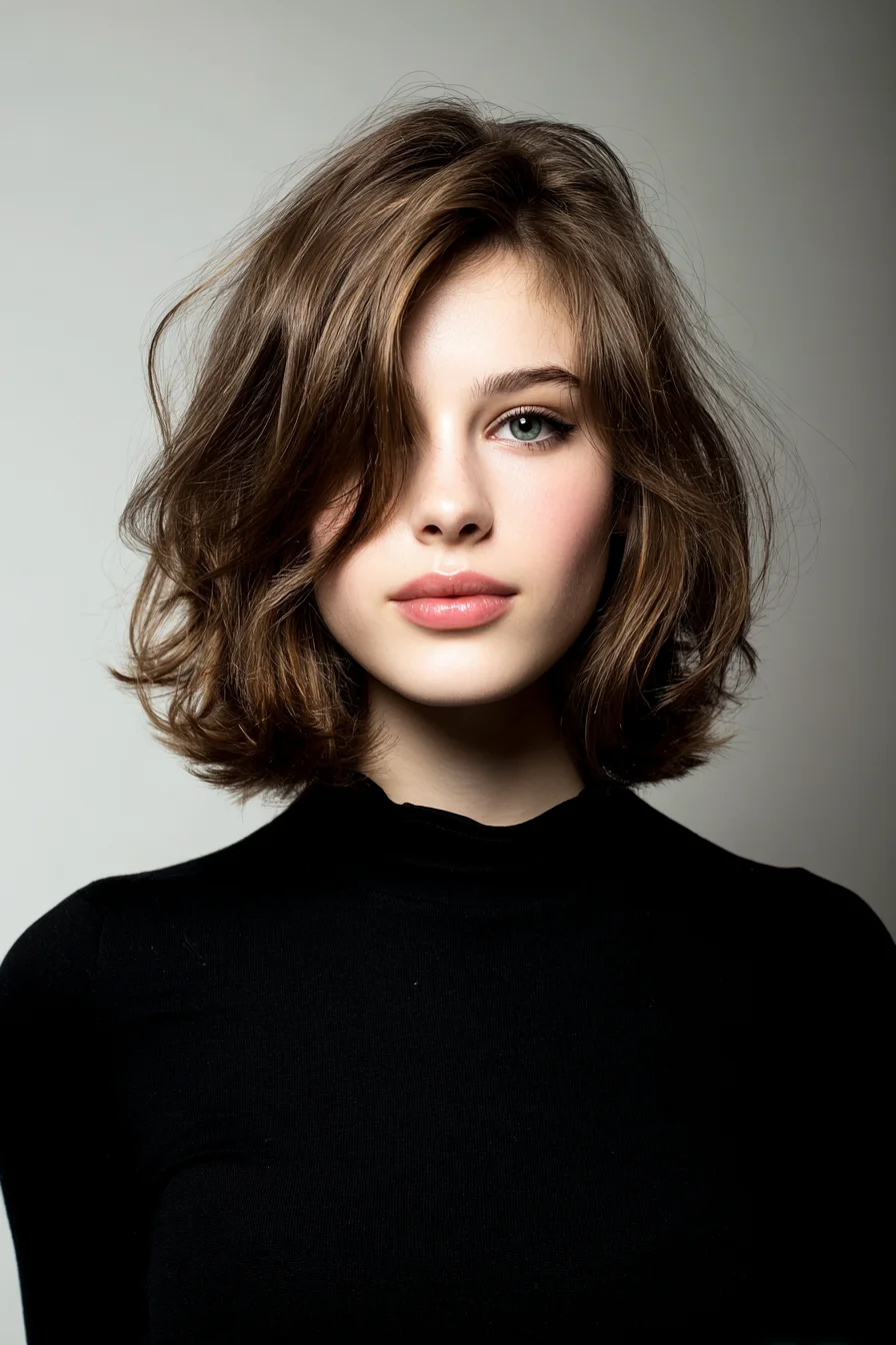 Textured Chin-Length Bob with Soft Side-Swept Fringe