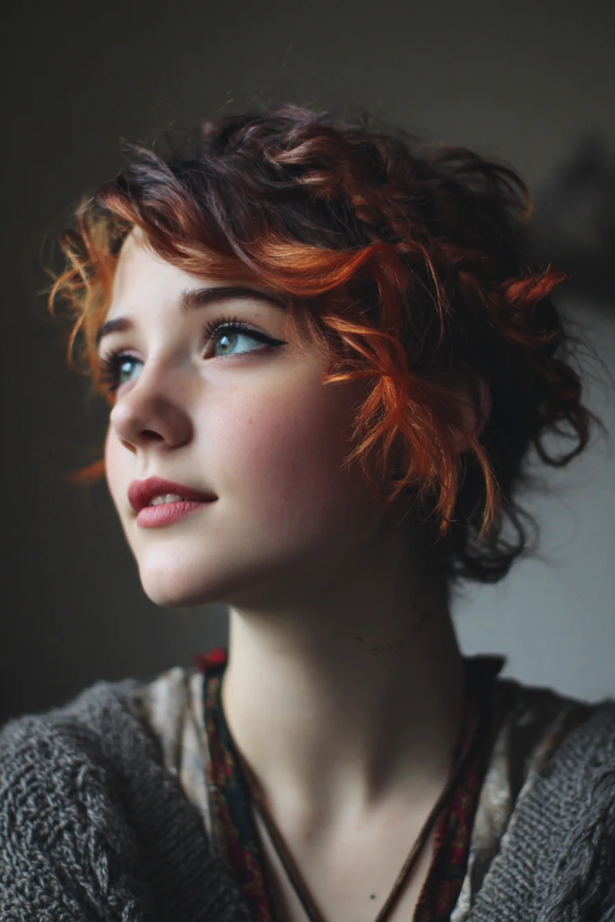 Textured Copper Curly Pixie Updo with Face‑Framing Tendrils