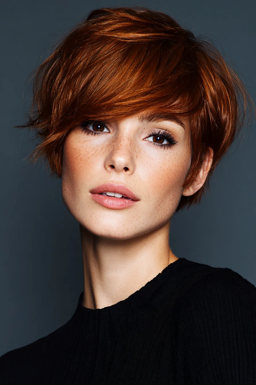 Textured Copper Pixie with Long Side‑Swept Fringe
