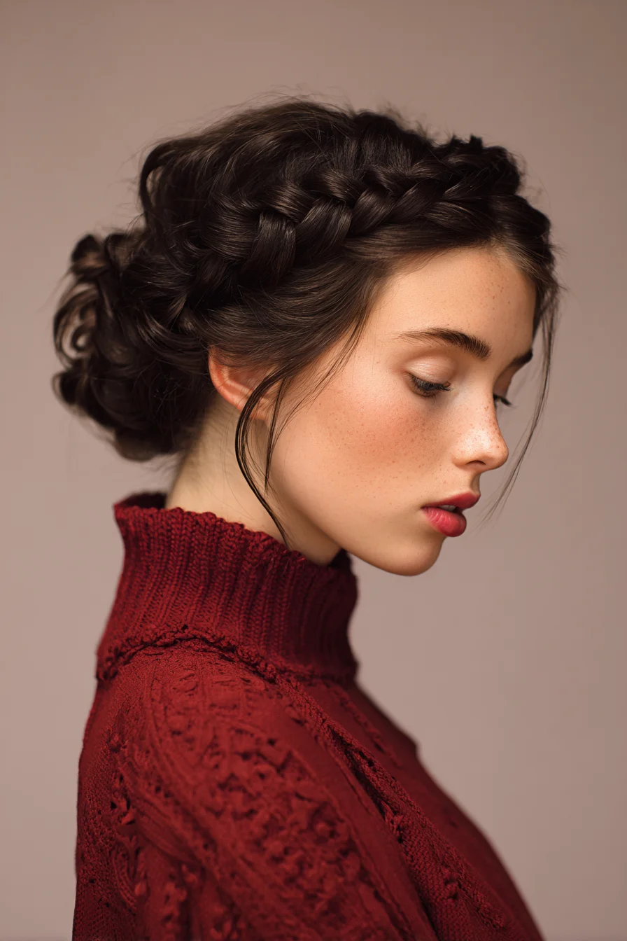 Textured Crown Braid into Low Bun with Face‑Framing Tendrils