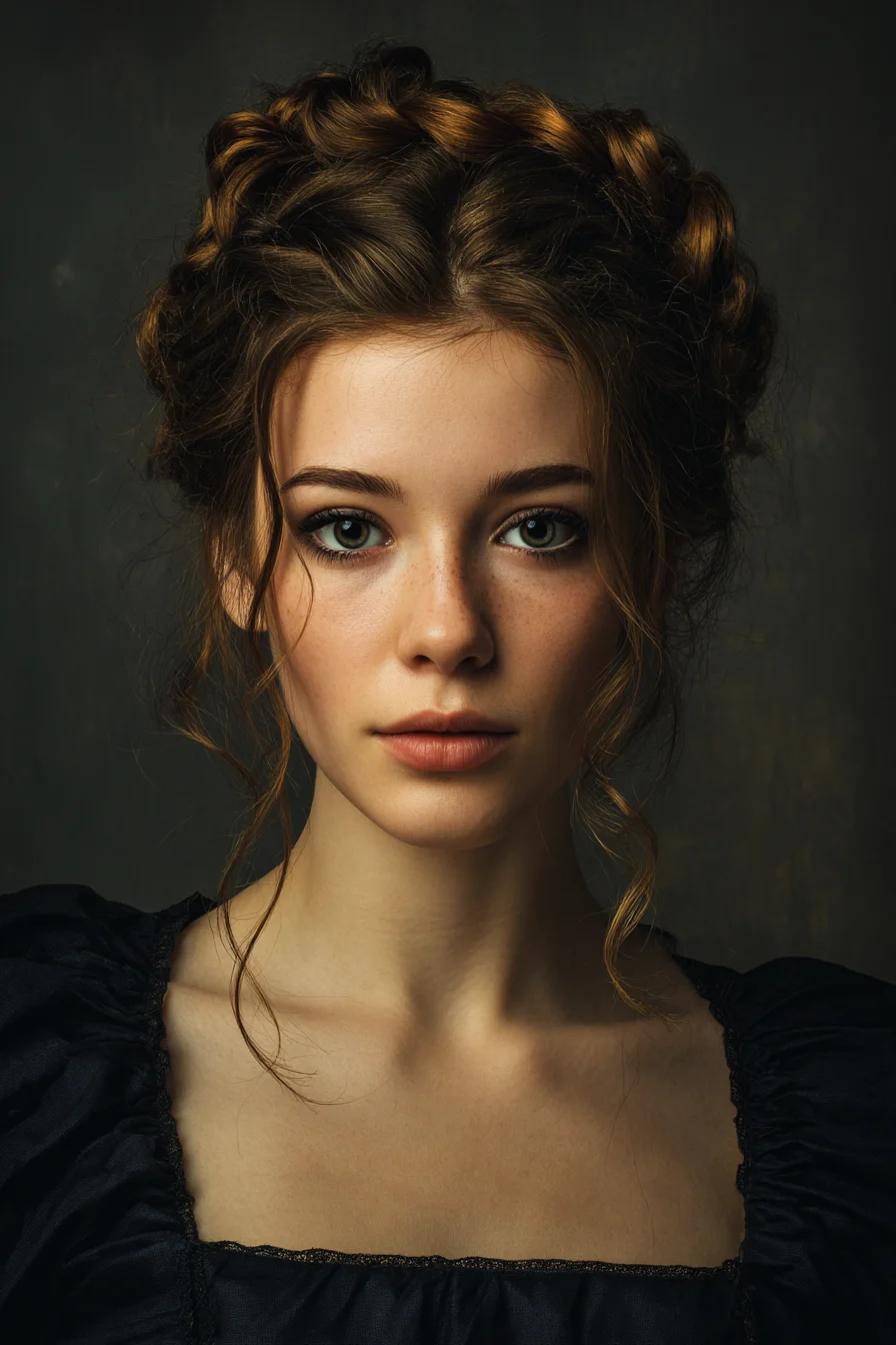 Textured Crown Braid Updo with Face‑Framing Tendrils