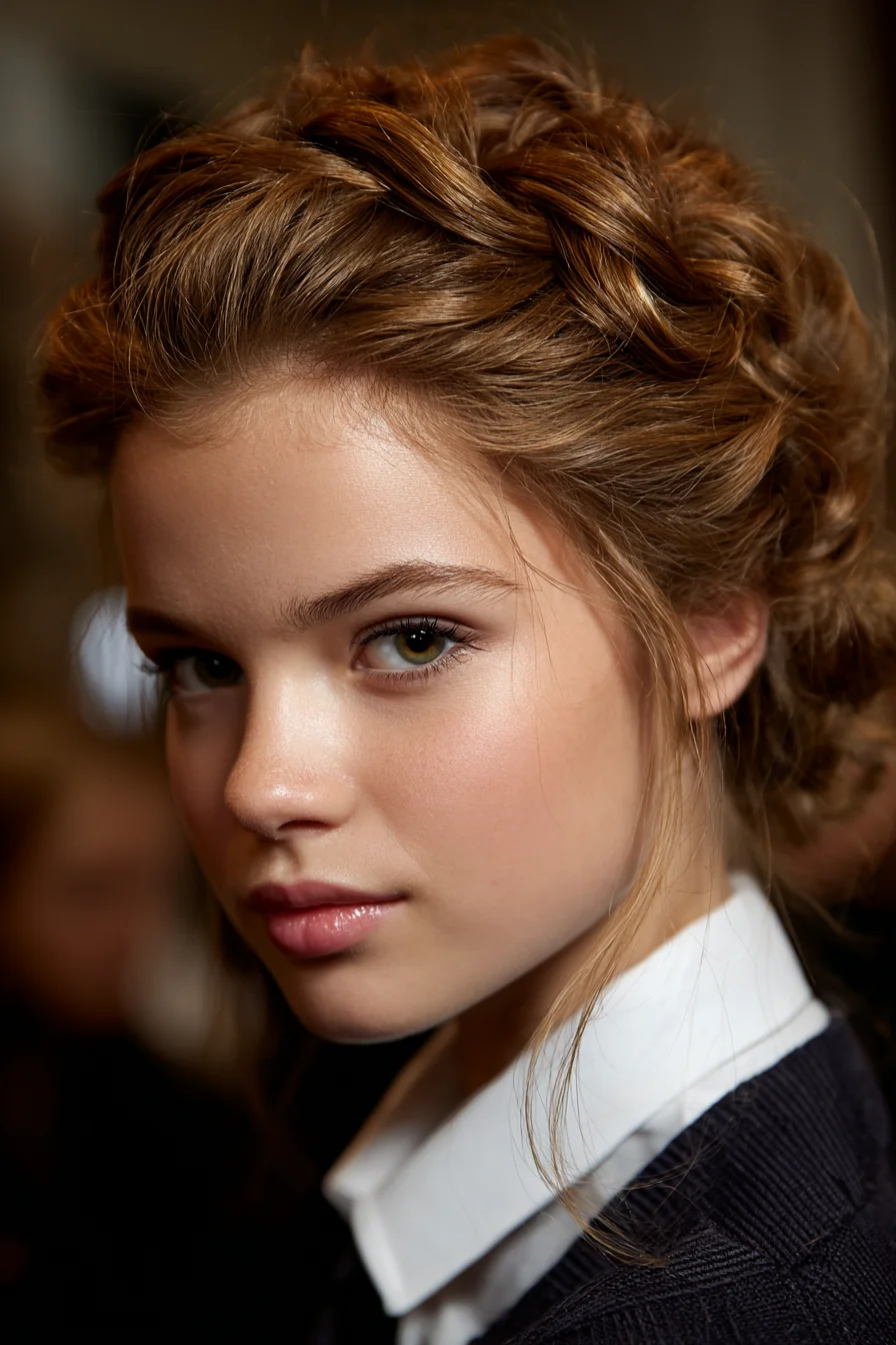Textured Crown Braid Updo with Face‑Framing Tendrils