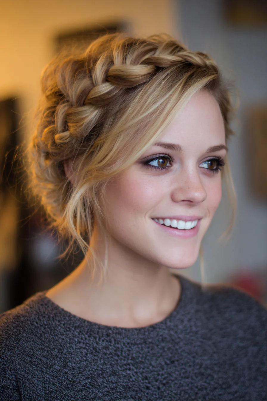 Textured Crown Braid Updo with Face‑Framing Tendrils