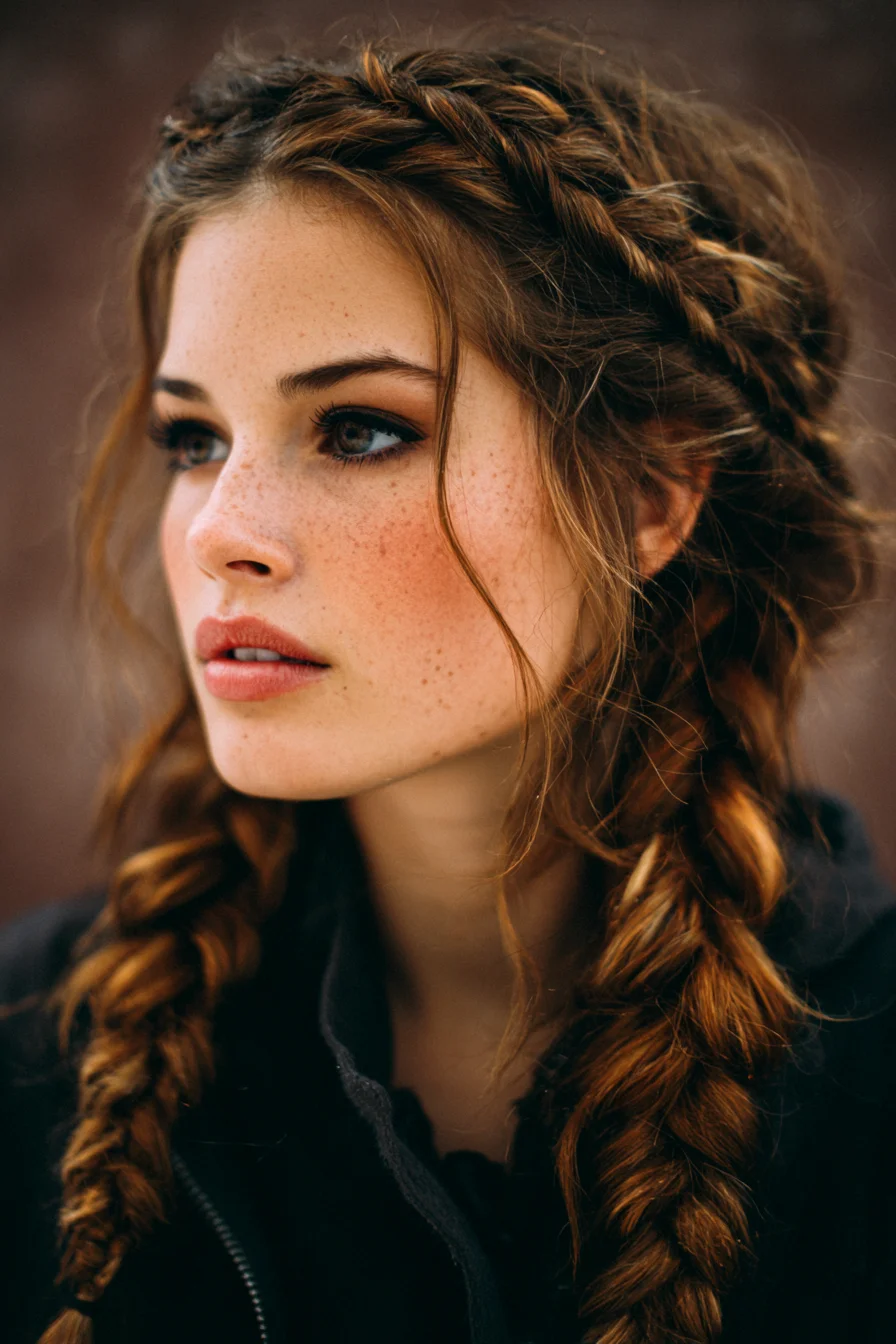 Textured Crown Braids with Loose Fishtails and Face‑Framing Tendrils