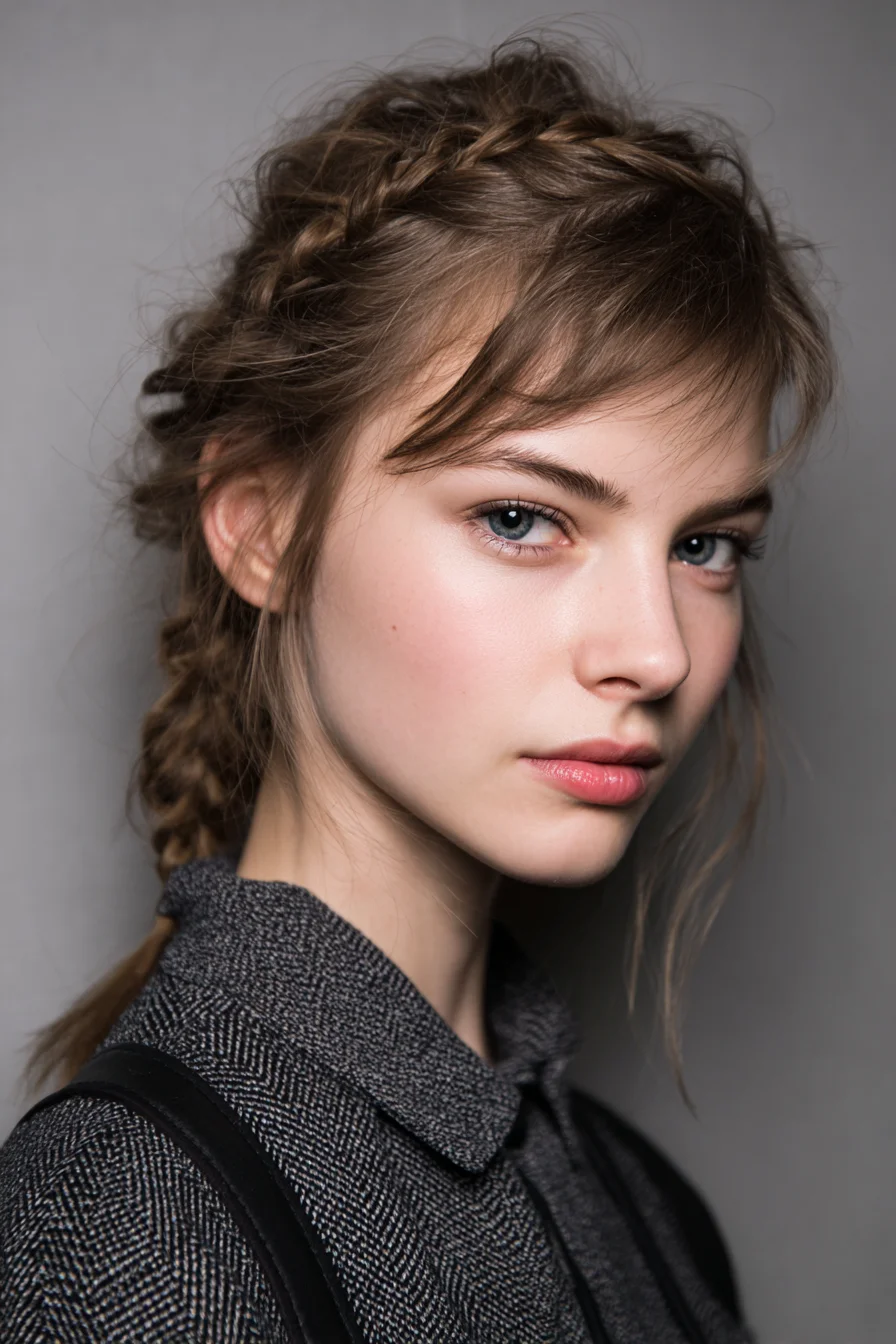 Textured Crown Braids with Soft Face‑Framing Bangs