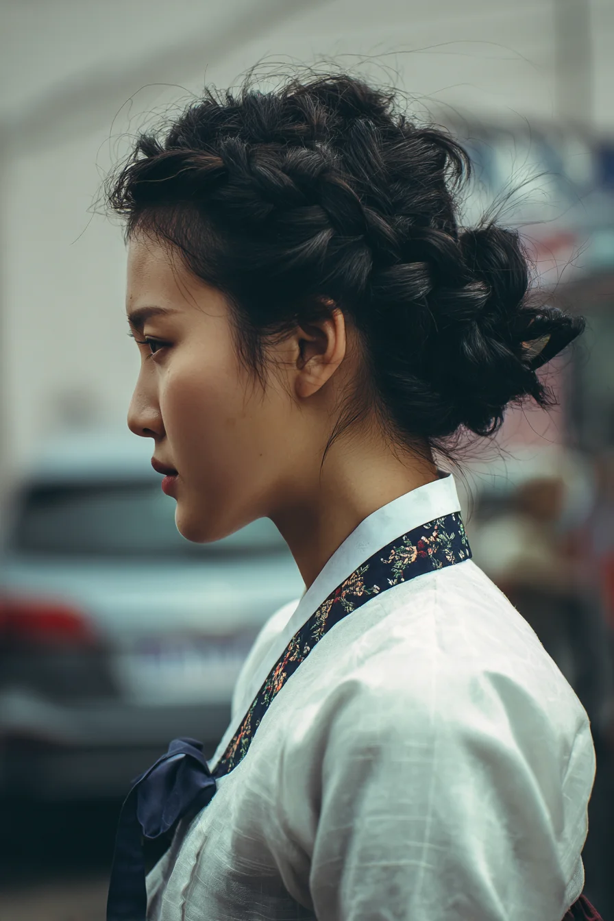 Textured Crown Dutch Braids Pulled Into a Low Tousled Braided Bun