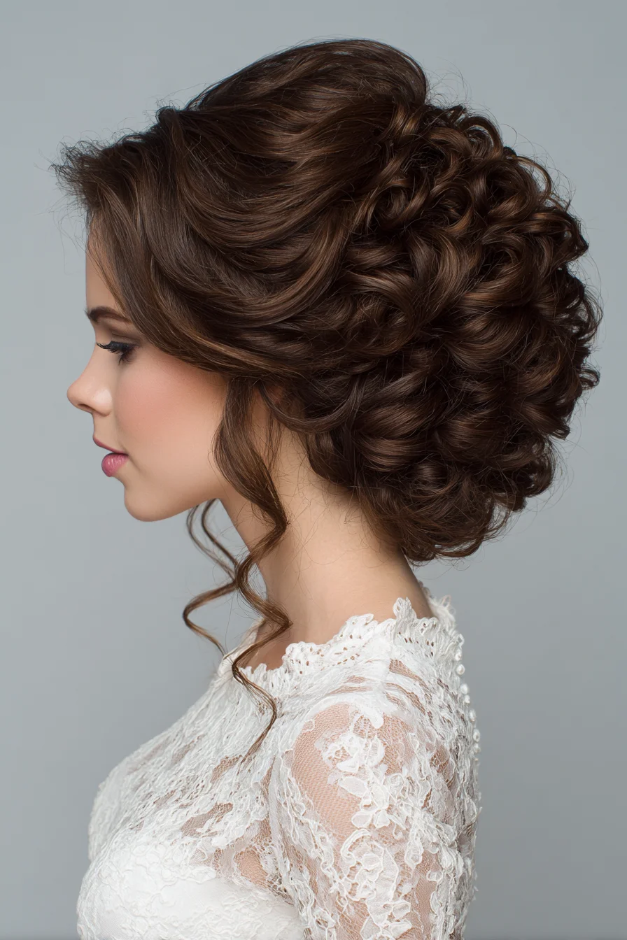 Textured Curly Low Chignon Updo with Face‑Framing Tendrils